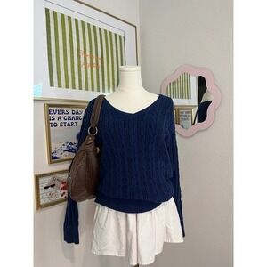St Johns Bay Navy Blue Cable Knit V-Neck Sweater Size Large Cotton Blend